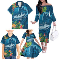 Outrigger Canoe Blue Family Matching Off The Shoulder Long Sleeve Dress and Hawaiian Shirt On The Waves LT7 - Polynesian Pride