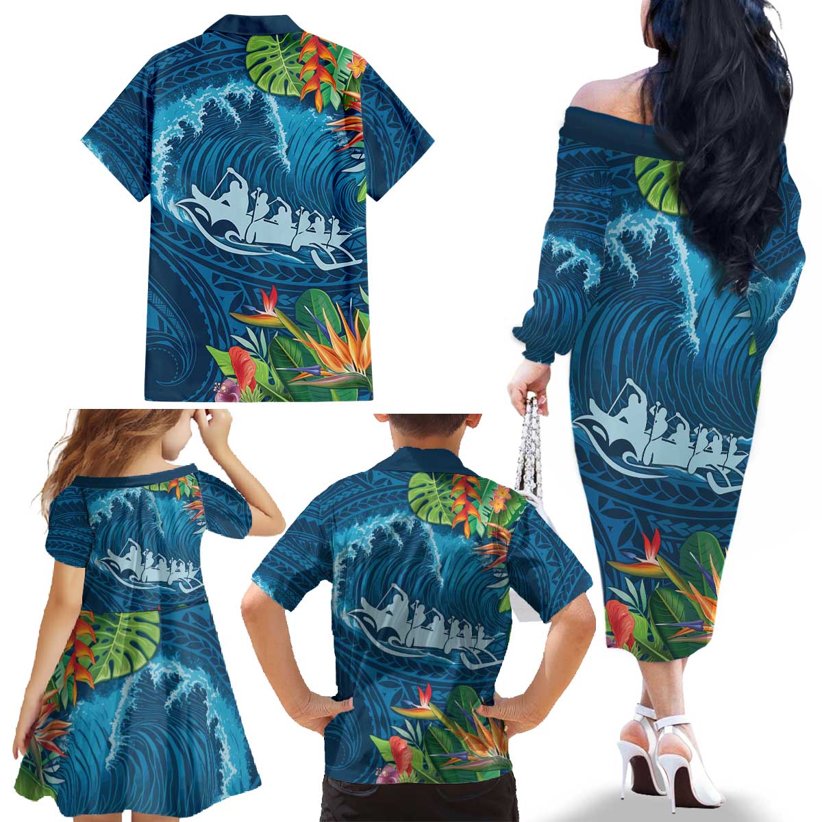 Outrigger Canoe Blue Family Matching Off The Shoulder Long Sleeve Dress and Hawaiian Shirt On The Waves LT7 - Polynesian Pride