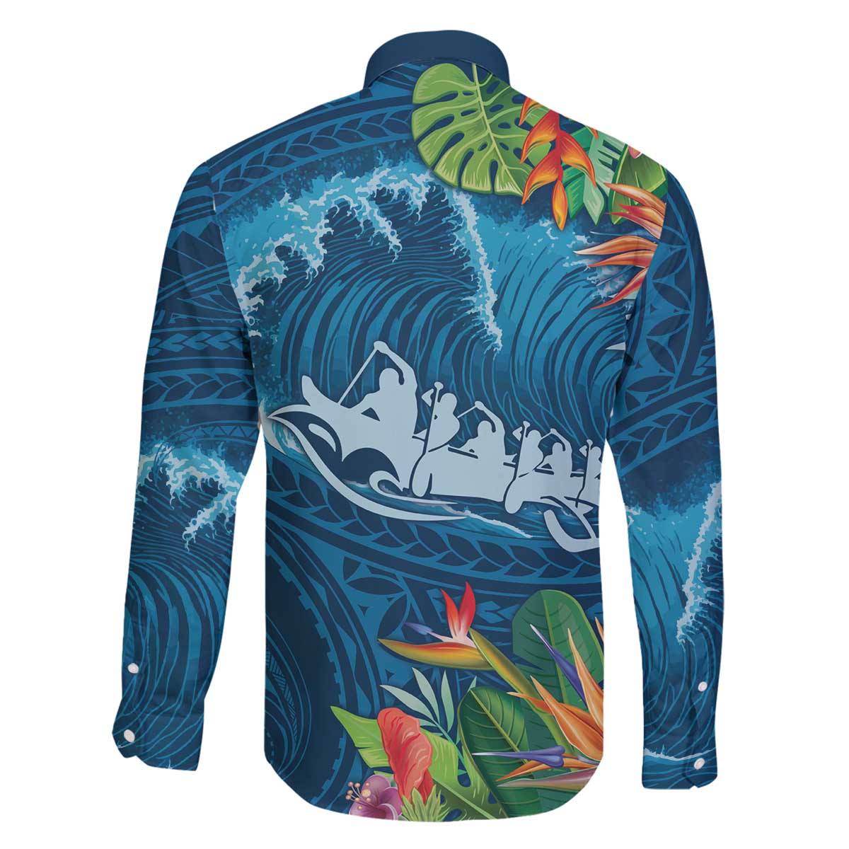 Outrigger Canoe Blue Family Matching Off The Shoulder Long Sleeve Dress and Hawaiian Shirt On The Waves LT7 - Polynesian Pride