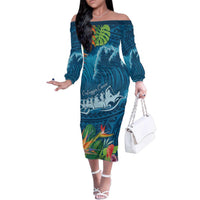 Outrigger Canoe Blue Family Matching Off The Shoulder Long Sleeve Dress and Hawaiian Shirt On The Waves LT7 Mom's Dress Blue - Polynesian Pride