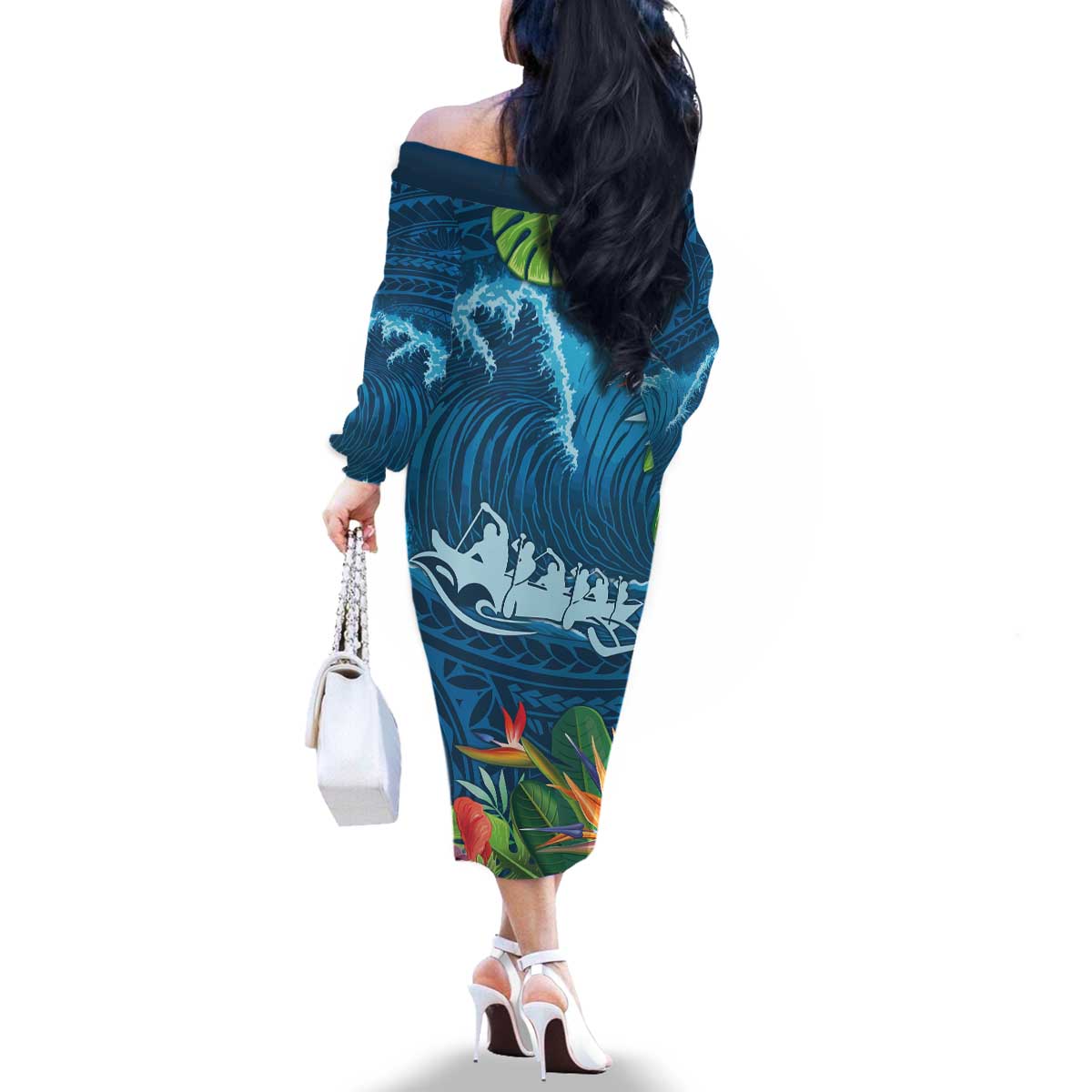 Outrigger Canoe Blue Family Matching Off The Shoulder Long Sleeve Dress and Hawaiian Shirt On The Waves LT7 - Polynesian Pride