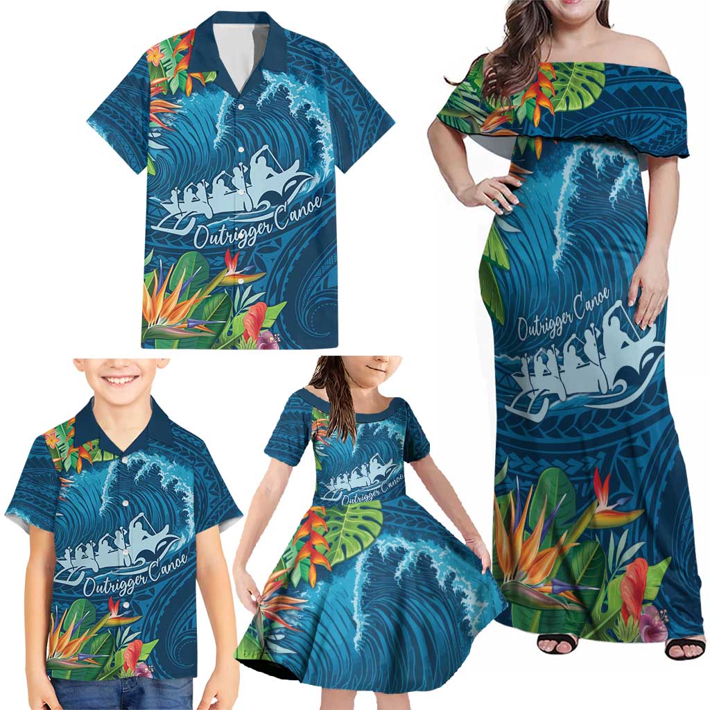Outrigger Canoe Blue Family Matching Off Shoulder Maxi Dress and Hawaiian Shirt On The Waves LT7 - Polynesian Pride