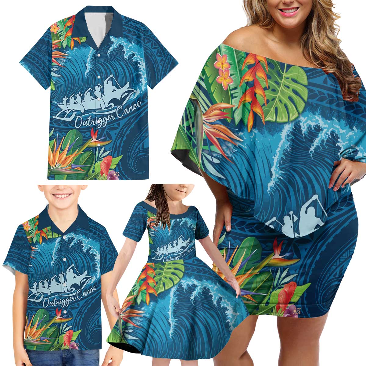 Outrigger Canoe Blue Family Matching Off Shoulder Short Dress and Hawaiian Shirt On The Waves LT7 - Polynesian Pride