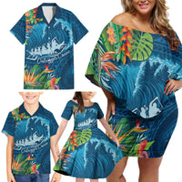 Outrigger Canoe Blue Family Matching Off Shoulder Short Dress and Hawaiian Shirt On The Waves LT7 - Polynesian Pride