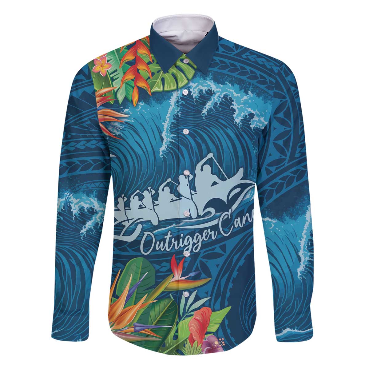 Outrigger Canoe Blue Family Matching Off Shoulder Short Dress and Hawaiian Shirt On The Waves LT7 Dad's Shirt - Long Sleeve Blue - Polynesian Pride