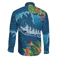 Outrigger Canoe Blue Family Matching Off Shoulder Short Dress and Hawaiian Shirt On The Waves LT7 - Polynesian Pride