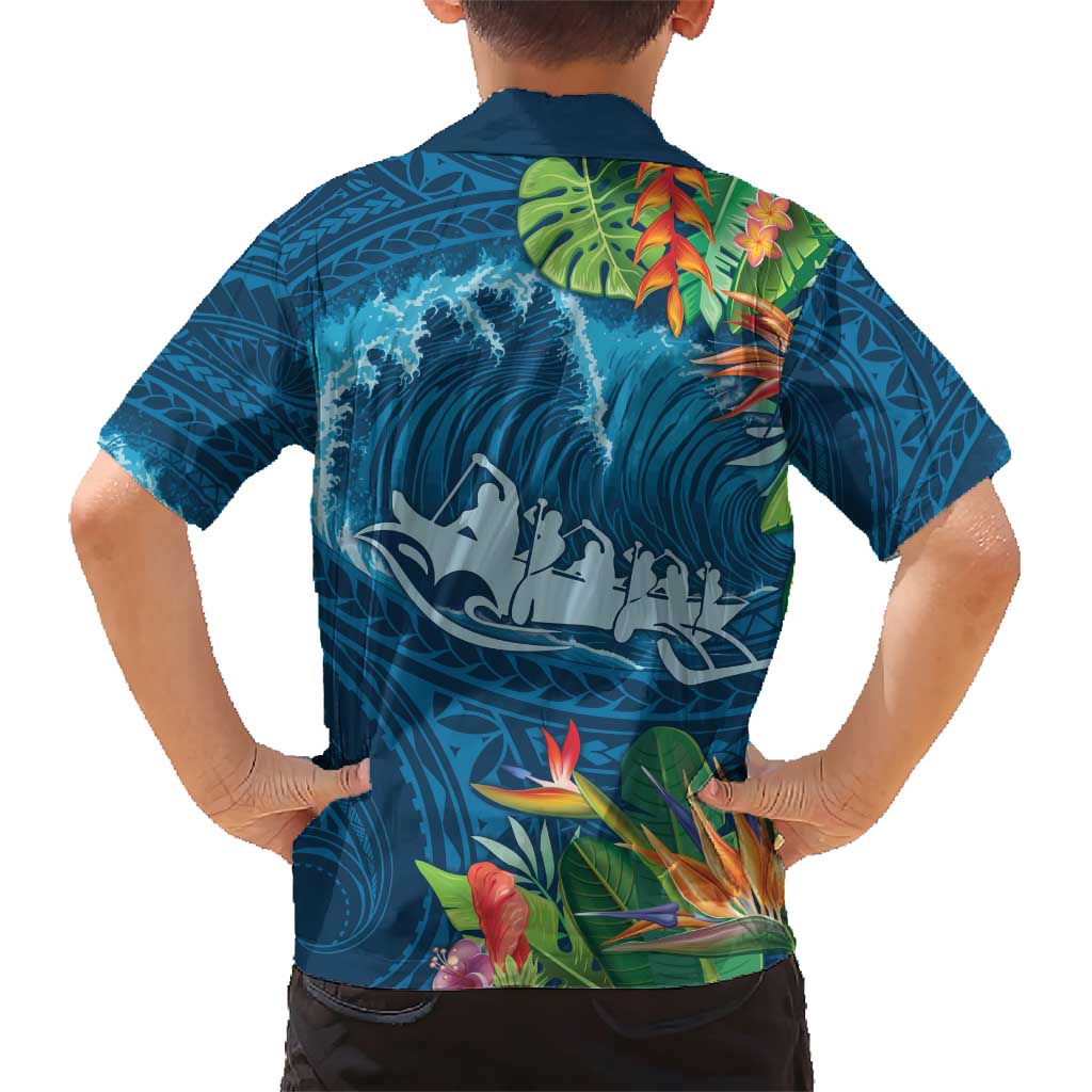 Outrigger Canoe Blue Family Matching Short Sleeve Bodycon Dress and Hawaiian Shirt On The Waves LT7 - Polynesian Pride