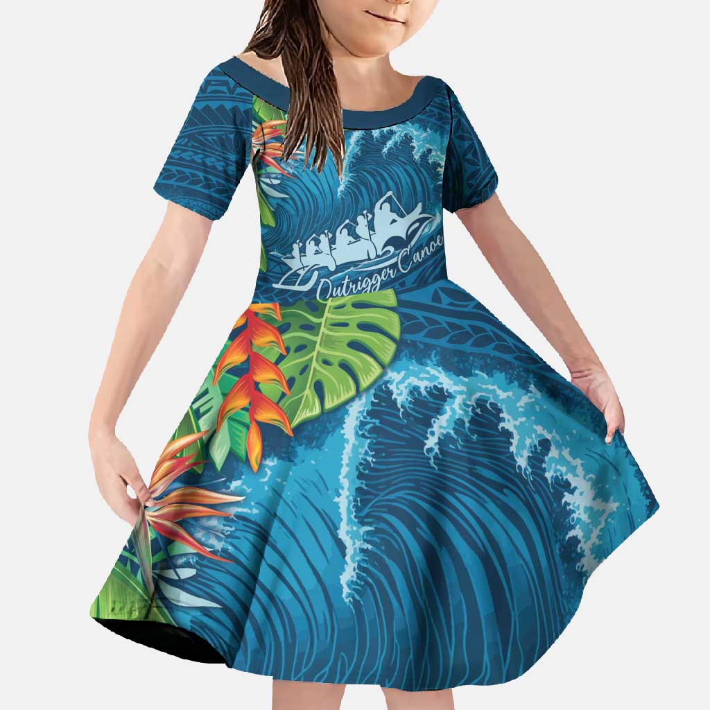 Outrigger Canoe Blue Family Matching Short Sleeve Bodycon Dress and Hawaiian Shirt On The Waves LT7 Daughter's Dress Blue - Polynesian Pride