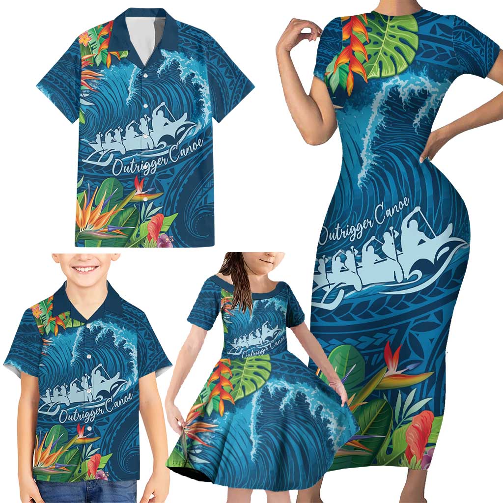 Outrigger Canoe Blue Family Matching Short Sleeve Bodycon Dress and Hawaiian Shirt On The Waves LT7 - Polynesian Pride