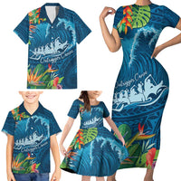 Outrigger Canoe Blue Family Matching Short Sleeve Bodycon Dress and Hawaiian Shirt On The Waves LT7 - Polynesian Pride