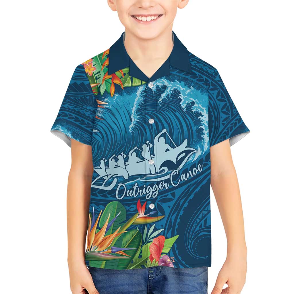 Outrigger Canoe Blue Family Matching Short Sleeve Bodycon Dress and Hawaiian Shirt On The Waves LT7 Son's Shirt Blue - Polynesian Pride