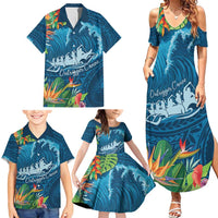 Outrigger Canoe Blue Family Matching Summer Maxi Dress and Hawaiian Shirt On The Waves LT7 - Polynesian Pride
