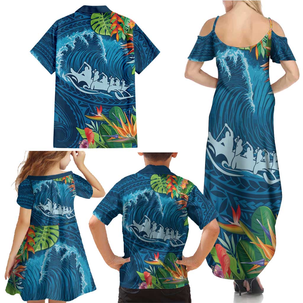 Outrigger Canoe Blue Family Matching Summer Maxi Dress and Hawaiian Shirt On The Waves LT7 - Polynesian Pride