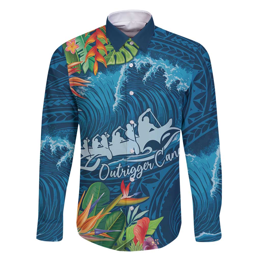 Outrigger Canoe Blue Family Matching Summer Maxi Dress and Hawaiian Shirt On The Waves LT7 Dad's Shirt - Long Sleeve Blue - Polynesian Pride