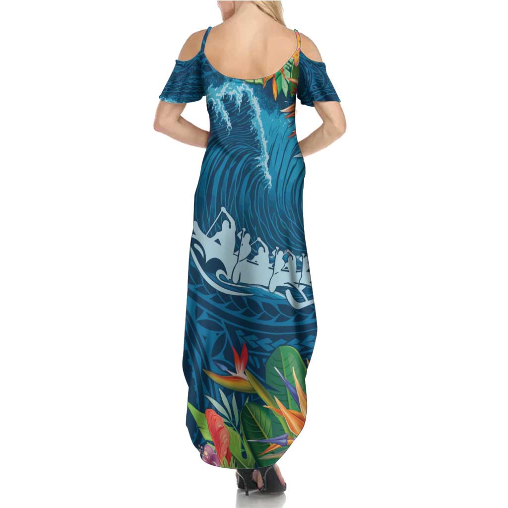 Outrigger Canoe Blue Family Matching Summer Maxi Dress and Hawaiian Shirt On The Waves LT7 - Polynesian Pride