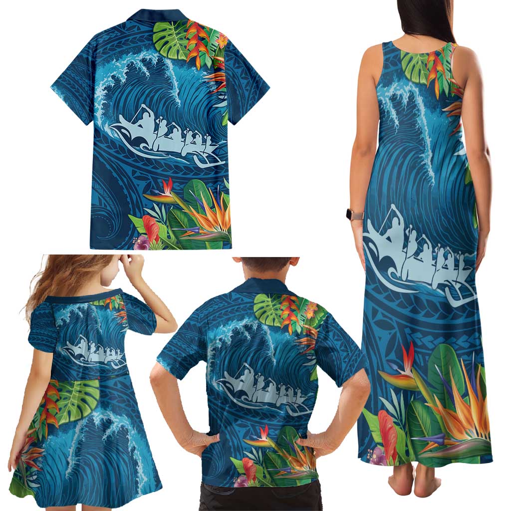 Outrigger Canoe Blue Family Matching Tank Maxi Dress and Hawaiian Shirt On The Waves LT7 - Polynesian Pride