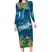 Outrigger Canoe Blue Long Sleeve Bodycon Dress On The Waves LT7 Long Dress Blue - Polynesian Pride