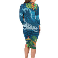 Outrigger Canoe Blue Long Sleeve Bodycon Dress On The Waves LT7 - Polynesian Pride