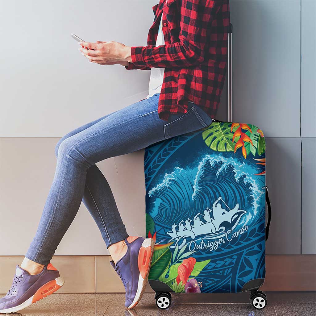 Outrigger Canoe Blue Luggage Cover On The Waves