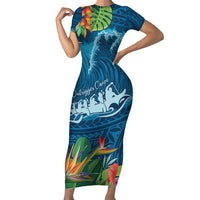 Outrigger Canoe Blue Short Sleeve Bodycon Dress On The Waves LT7 Long Dress Blue - Polynesian Pride