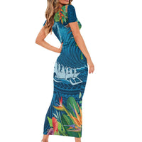 Outrigger Canoe Blue Short Sleeve Bodycon Dress On The Waves LT7 - Polynesian Pride