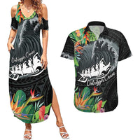 Outrigger Canoe Black Couples Matching Summer Maxi Dress and Hawaiian Shirt On The Waves LT7 Black - Polynesian Pride