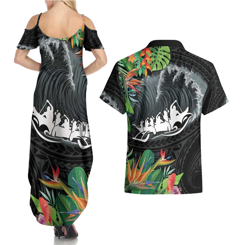 Outrigger Canoe Black Couples Matching Summer Maxi Dress and Hawaiian Shirt On The Waves LT7 - Polynesian Pride