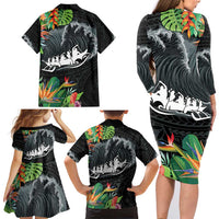 Outrigger Canoe Black Family Matching Long Sleeve Bodycon Dress and Hawaiian Shirt On The Waves LT7 - Polynesian Pride
