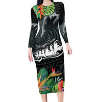 Outrigger Canoe Black Family Matching Long Sleeve Bodycon Dress and Hawaiian Shirt On The Waves LT7 Mom's Dress Black - Polynesian Pride