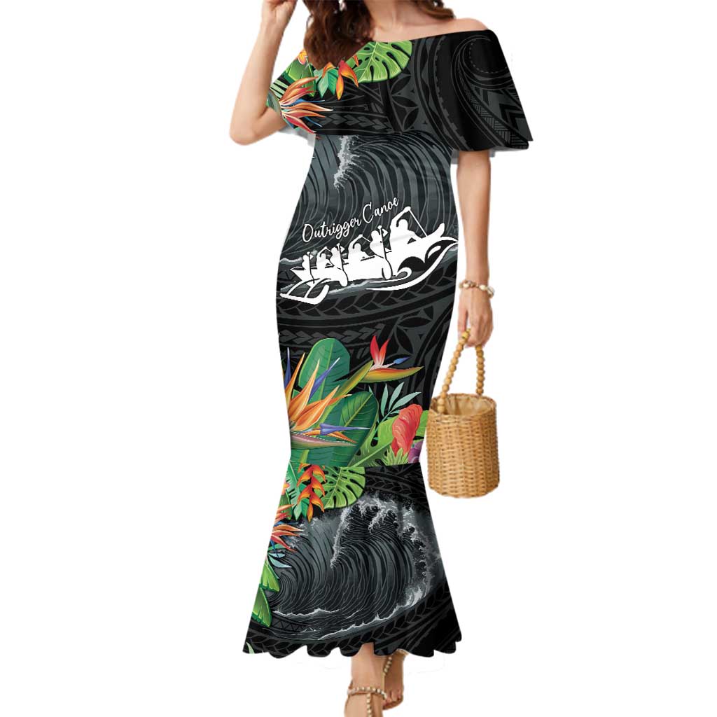Outrigger Canoe Black Family Matching Mermaid Dress and Hawaiian Shirt On The Waves LT7 Mom's Dress Black - Polynesian Pride