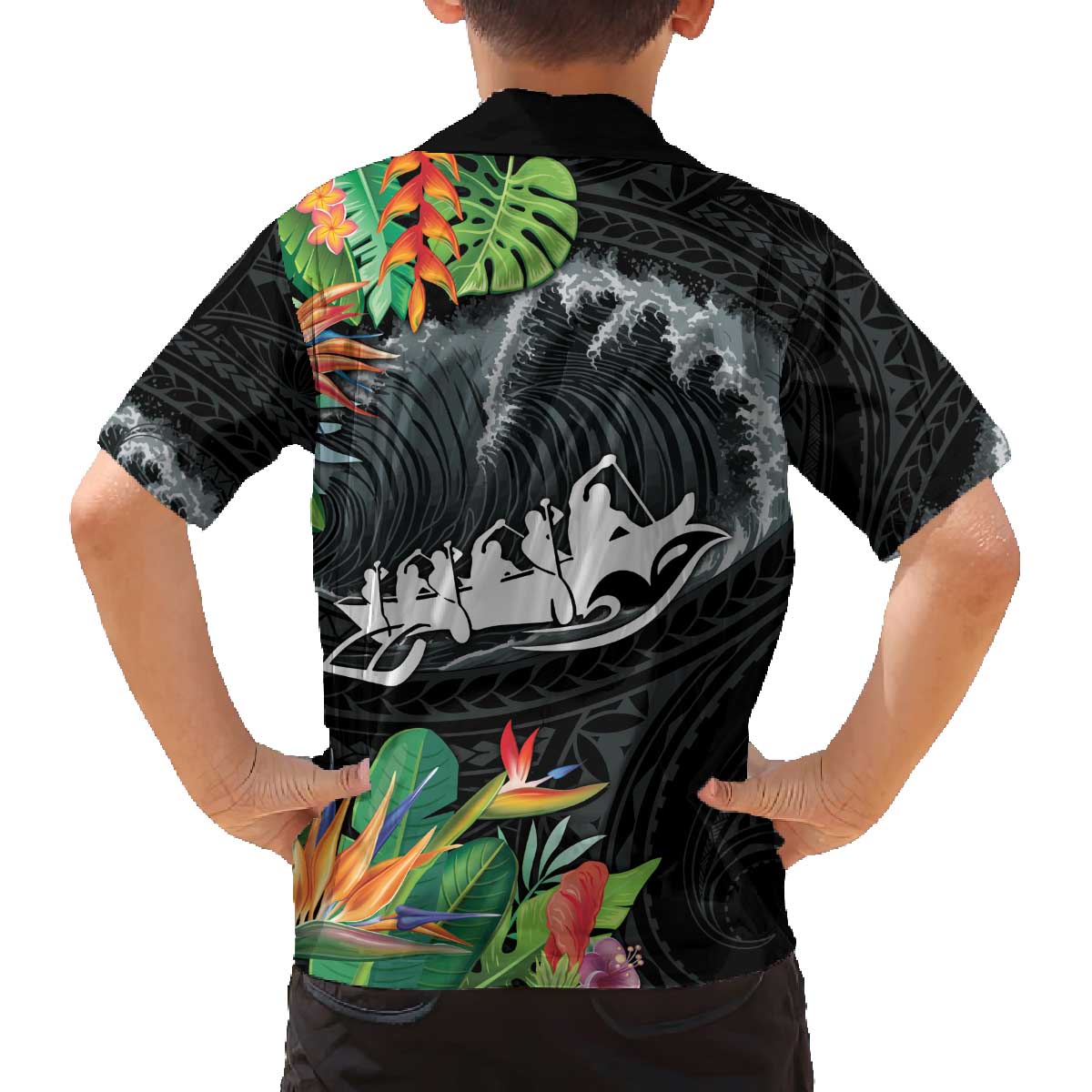 Outrigger Canoe Black Family Matching Off The Shoulder Long Sleeve Dress and Hawaiian Shirt On The Waves LT7 - Polynesian Pride