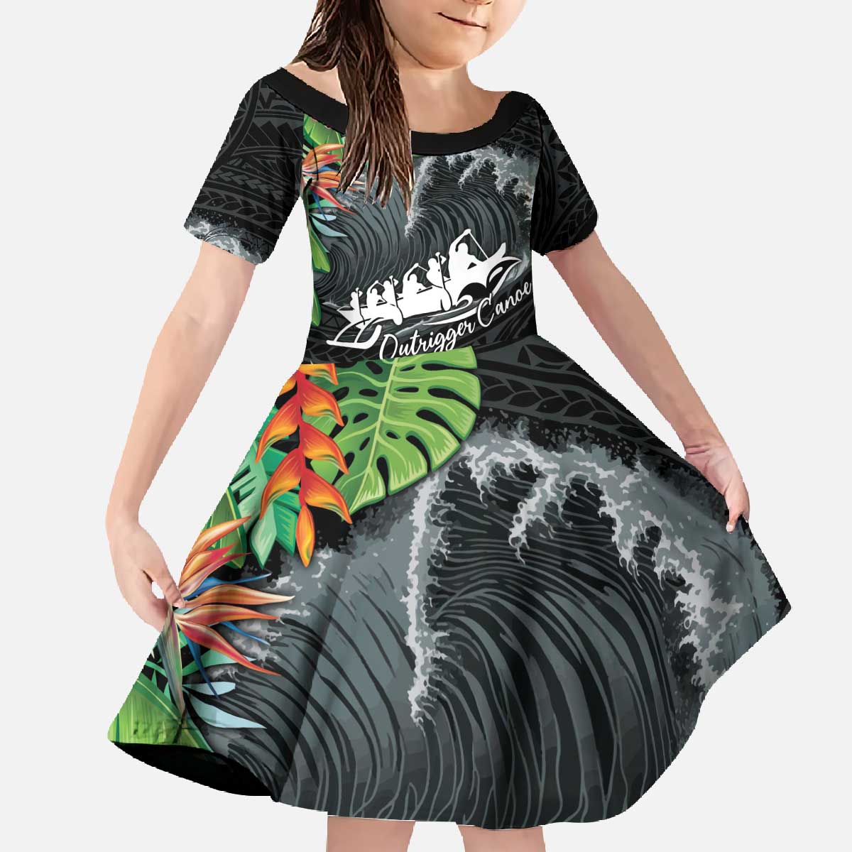 Outrigger Canoe Black Family Matching Off The Shoulder Long Sleeve Dress and Hawaiian Shirt On The Waves LT7 Daughter's Dress Black - Polynesian Pride