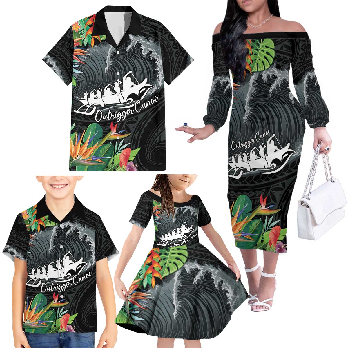 Outrigger Canoe Black Family Matching Off The Shoulder Long Sleeve Dress and Hawaiian Shirt On The Waves LT7 - Polynesian Pride
