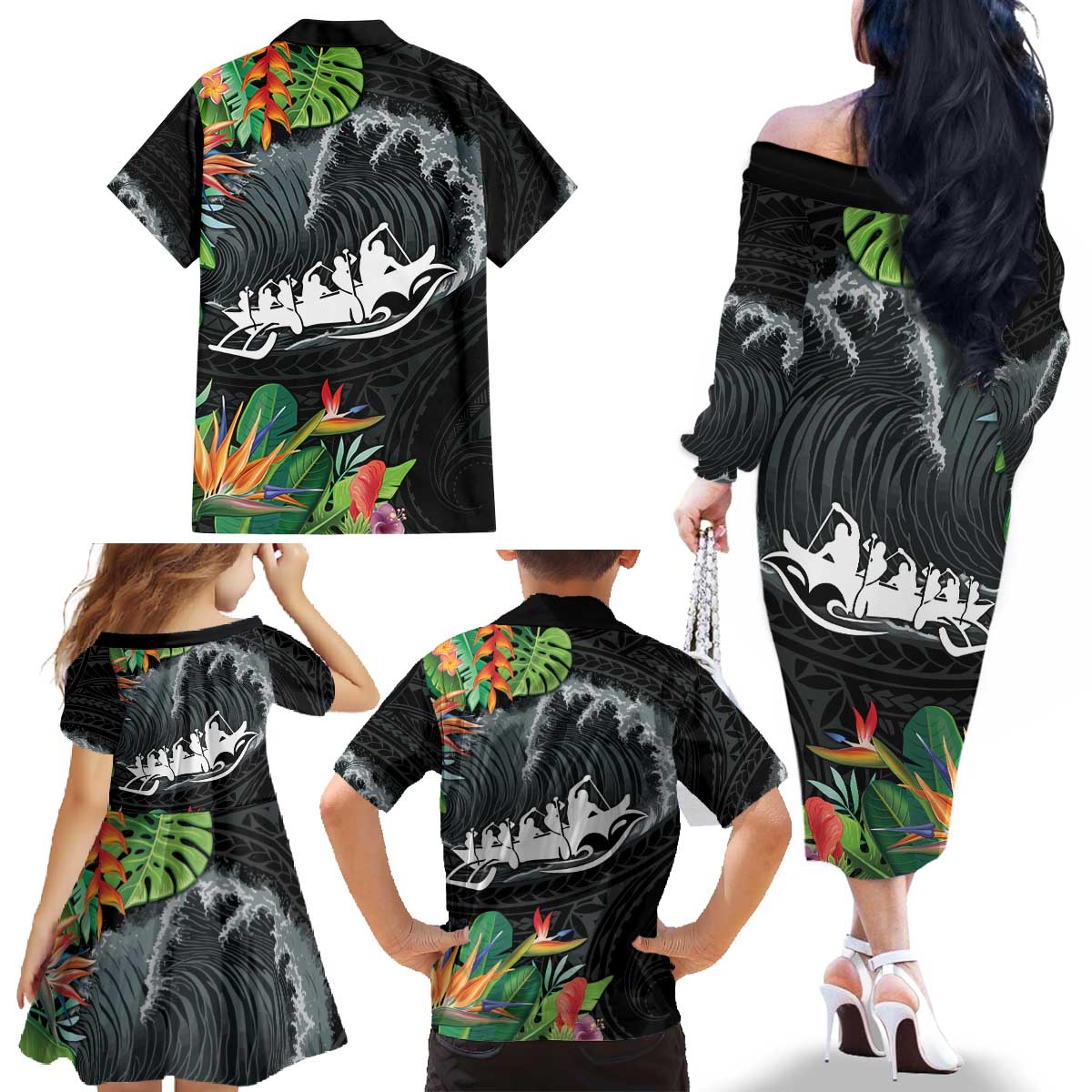 Outrigger Canoe Black Family Matching Off The Shoulder Long Sleeve Dress and Hawaiian Shirt On The Waves LT7 - Polynesian Pride