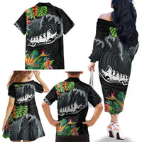 Outrigger Canoe Black Family Matching Off The Shoulder Long Sleeve Dress and Hawaiian Shirt On The Waves LT7 - Polynesian Pride