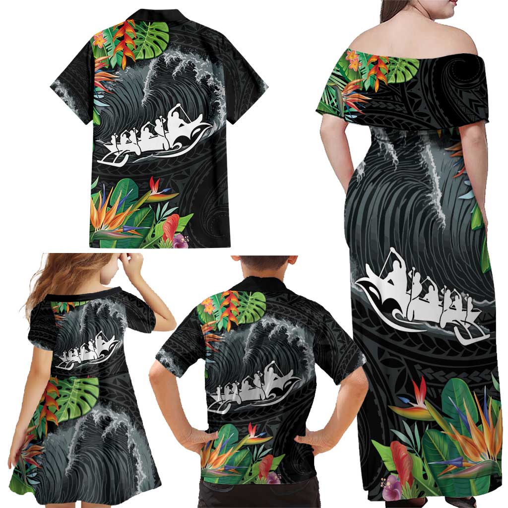 Outrigger Canoe Black Family Matching Off Shoulder Maxi Dress and Hawaiian Shirt On The Waves LT7 - Polynesian Pride