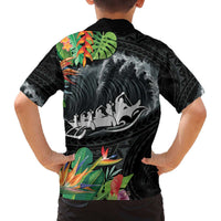 Outrigger Canoe Black Family Matching Off Shoulder Short Dress and Hawaiian Shirt On The Waves LT7 - Polynesian Pride