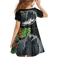 Outrigger Canoe Black Family Matching Off Shoulder Short Dress and Hawaiian Shirt On The Waves LT7 - Polynesian Pride