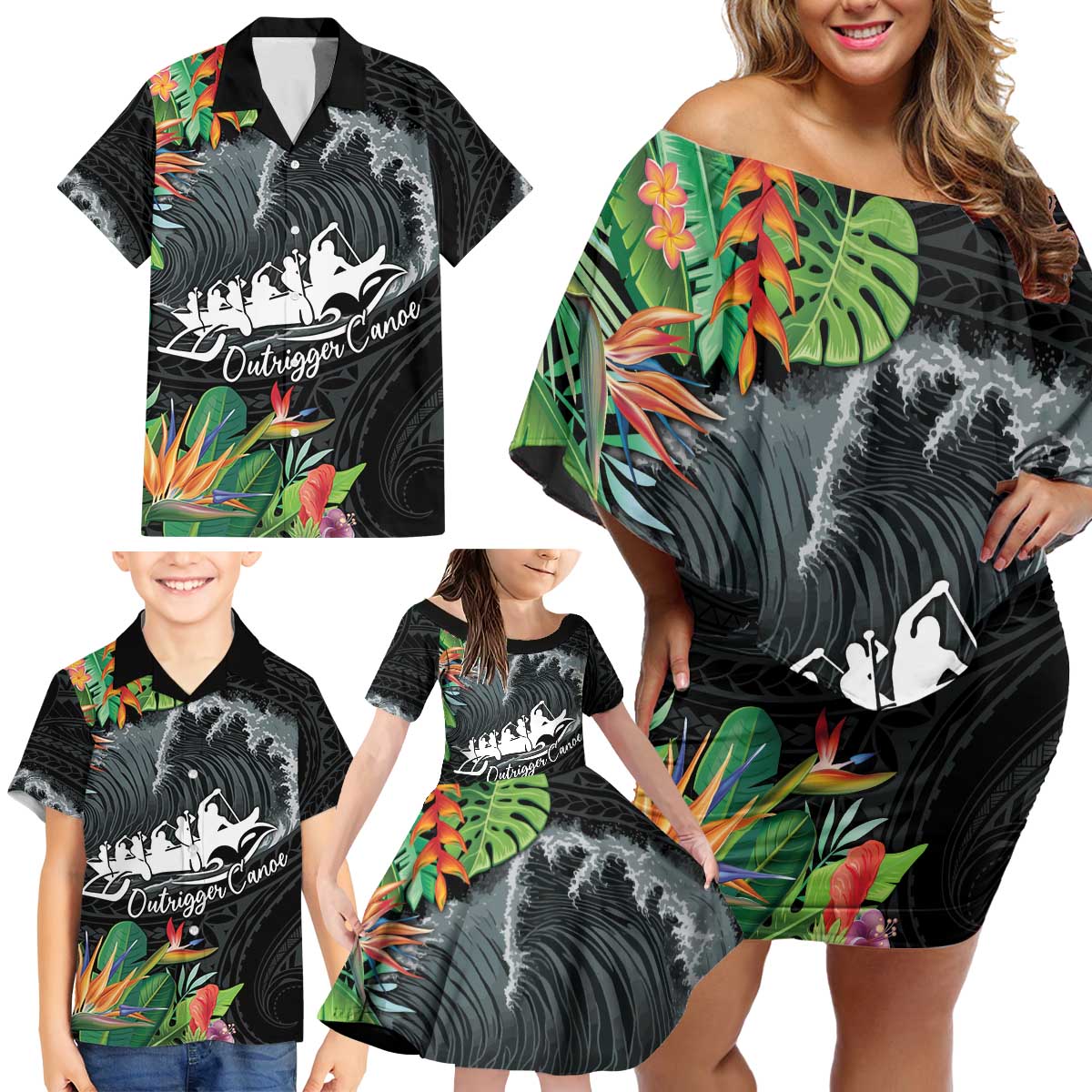 Outrigger Canoe Black Family Matching Off Shoulder Short Dress and Hawaiian Shirt On The Waves LT7 - Polynesian Pride