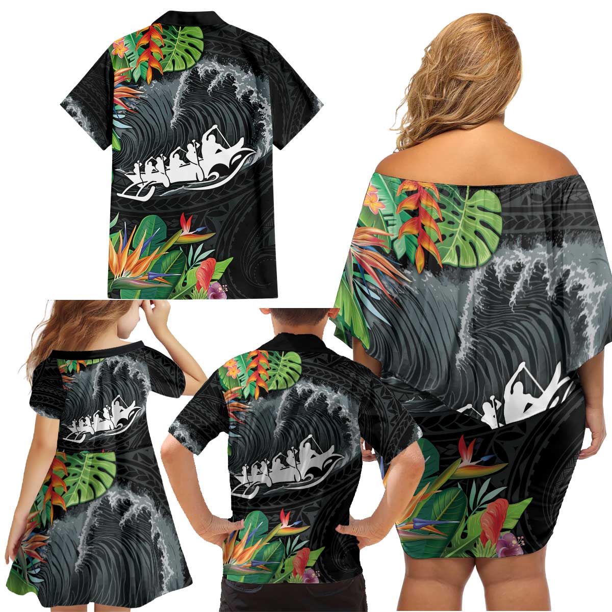 Outrigger Canoe Black Family Matching Off Shoulder Short Dress and Hawaiian Shirt On The Waves LT7 - Polynesian Pride