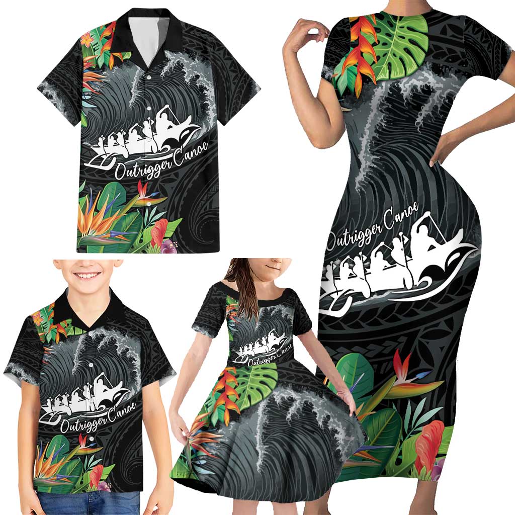 Outrigger Canoe Black Family Matching Short Sleeve Bodycon Dress and Hawaiian Shirt On The Waves LT7 - Polynesian Pride