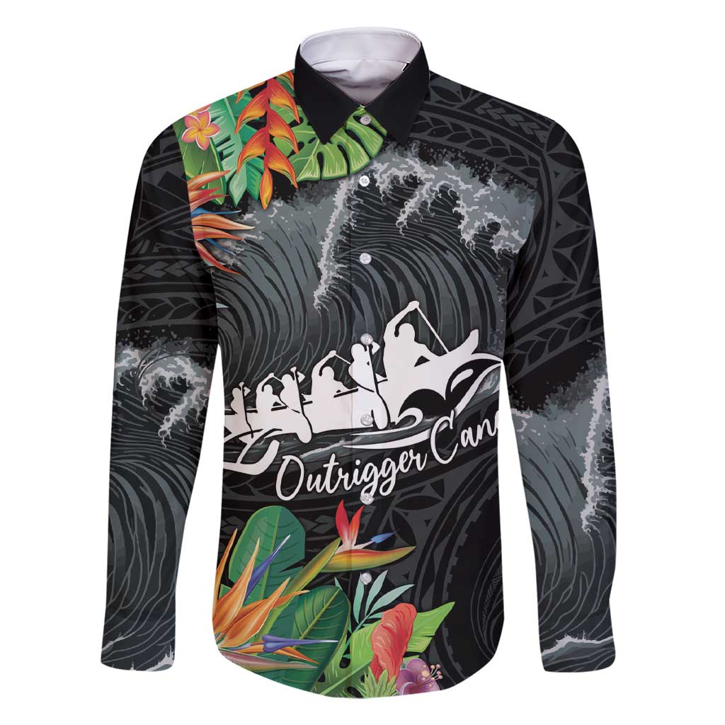 Outrigger Canoe Black Family Matching Short Sleeve Bodycon Dress and Hawaiian Shirt On The Waves LT7 Dad's Shirt - Long Sleeve Black - Polynesian Pride