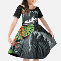 Outrigger Canoe Black Family Matching Tank Maxi Dress and Hawaiian Shirt On The Waves LT7 Daughter's Dress Black - Polynesian Pride