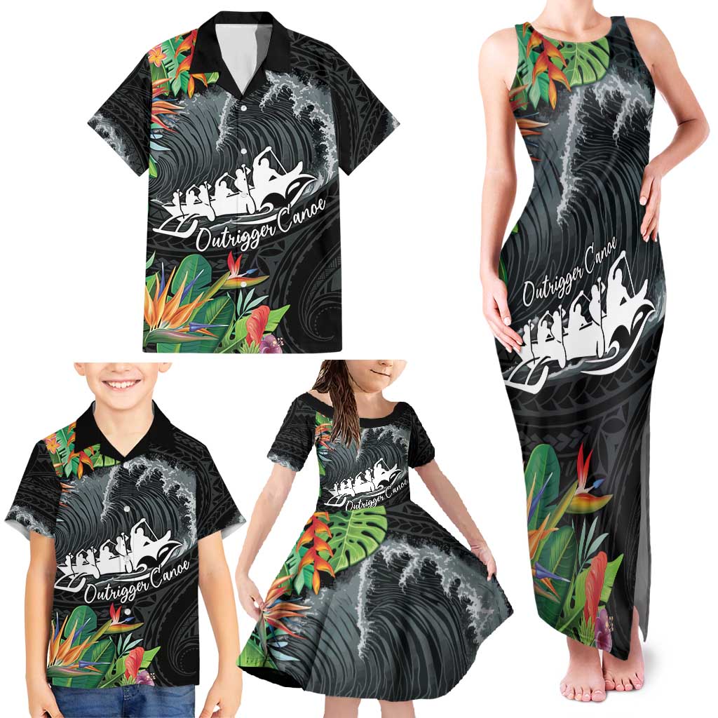 Outrigger Canoe Black Family Matching Tank Maxi Dress and Hawaiian Shirt On The Waves LT7 - Polynesian Pride
