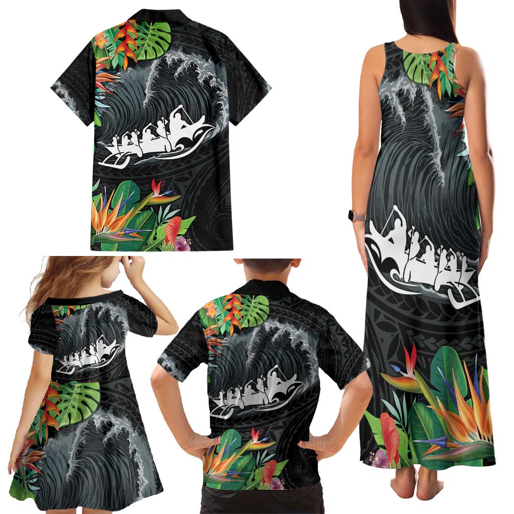 Outrigger Canoe Black Family Matching Tank Maxi Dress and Hawaiian Shirt On The Waves LT7 - Polynesian Pride