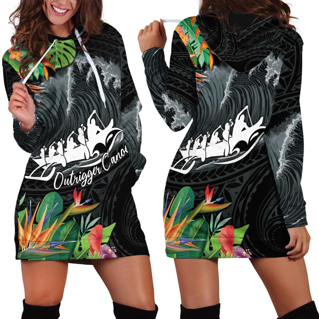 Outrigger Canoe Black Hoodie Dress On The Waves LT7 - Polynesian Pride