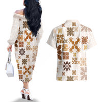 Vintage Hawaii Couples Matching Off The Shoulder Long Sleeve Dress and Hawaiian Shirt Hawaiian Quilt Kapa Mismatch Beige LT7 - Polynesian Pride