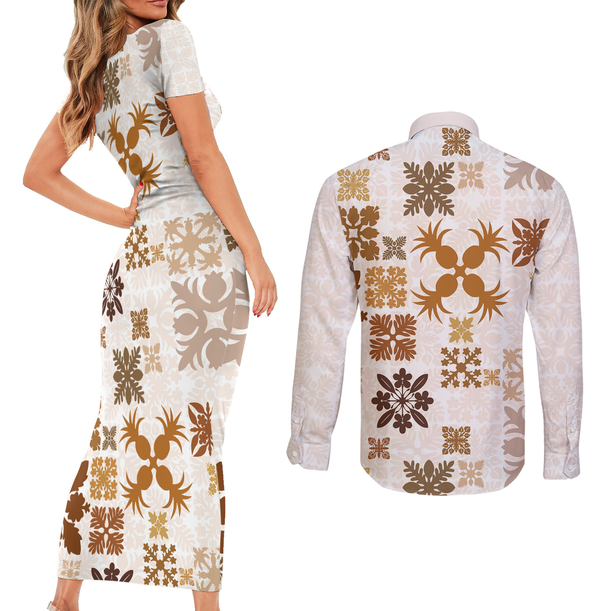 Vintage Hawaii Couples Matching Short Sleeve Bodycon Dress and Long Sleeve Button Shirts Hawaiian Quilt Kapa Mismatch Beige LT7 - Polynesian Pride