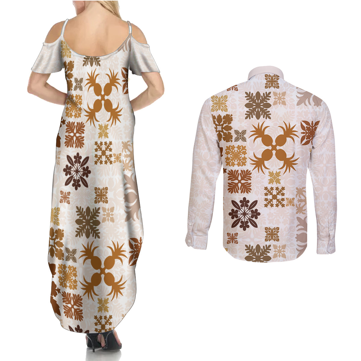 Vintage Hawaii Couples Matching Summer Maxi Dress and Long Sleeve Button Shirts Hawaiian Quilt Kapa Mismatch Beige LT7 - Polynesian Pride
