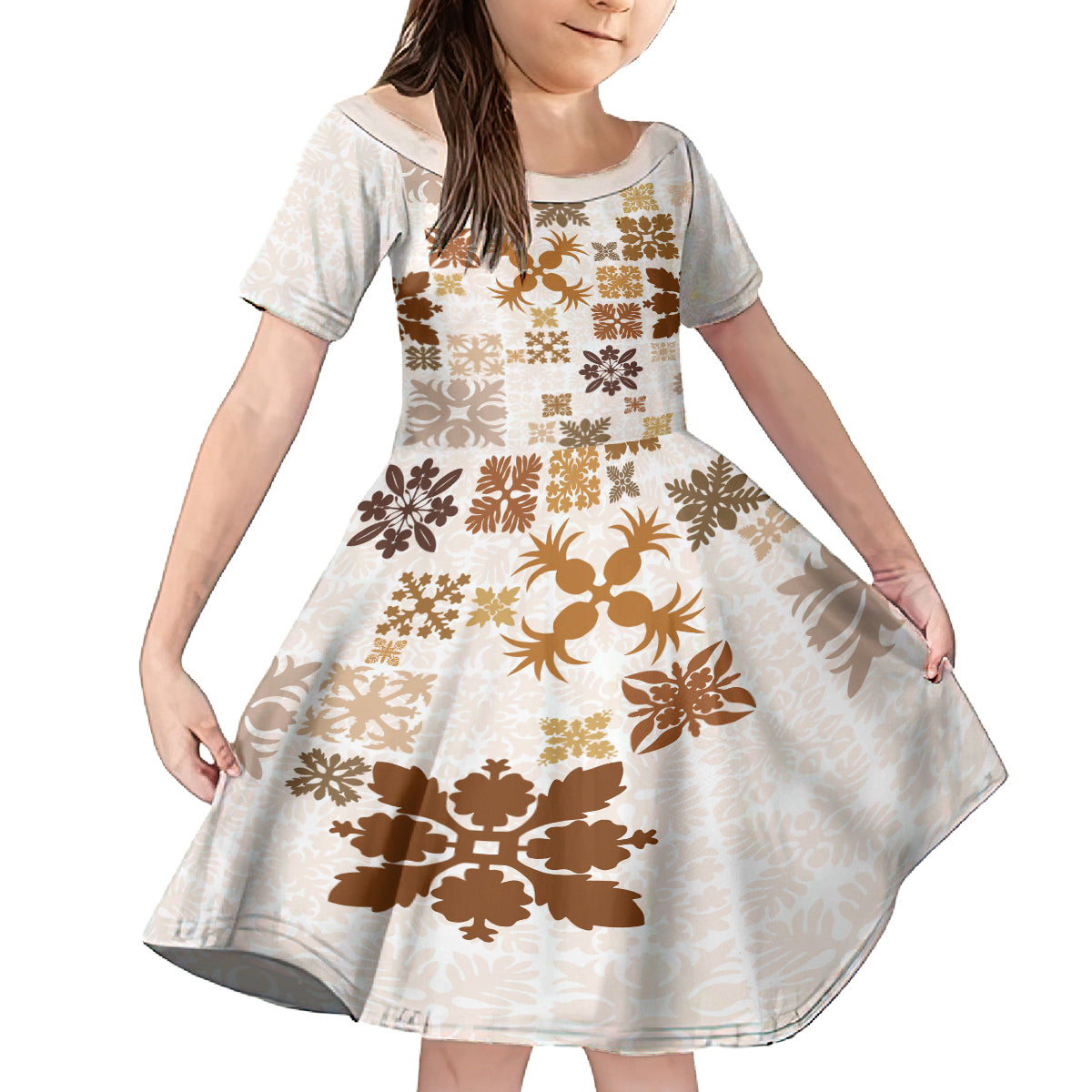 Vintage Hawaii Family Matching Off Shoulder Maxi Dress and Hawaiian Shirt Hawaiian Quilt Kapa Mismatch Beige LT7 Daughter's Dress Beige - Polynesian Pride